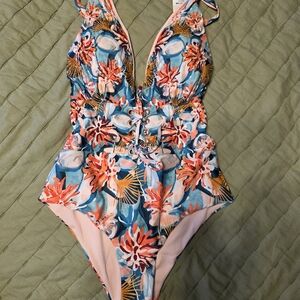 Lace-Up Floral One-Piece Swimsuit in Teal and Coral